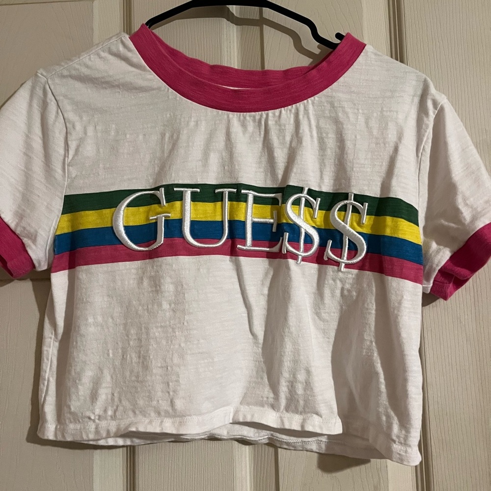 Guess White and Pink Cropped T-Shirt